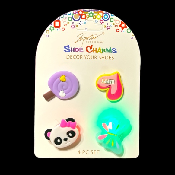 Light Up Shoe Croc Charms Set of 4 Heart, Lollipop, Butterfly & Panda - Picture 3 of 3